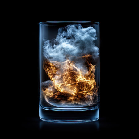A glass filled with fire and smoke. The glass is half full and the fire is burning brightlyの素材