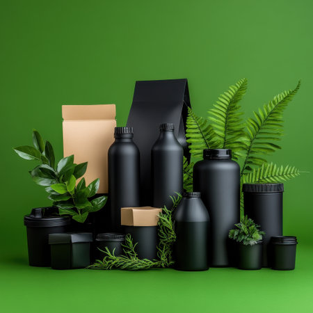 A collection of black bottles and containers are arranged on a green background. The bottles and containers are made of plastic and are of various sizes. The arrangement of the bottlesの素材