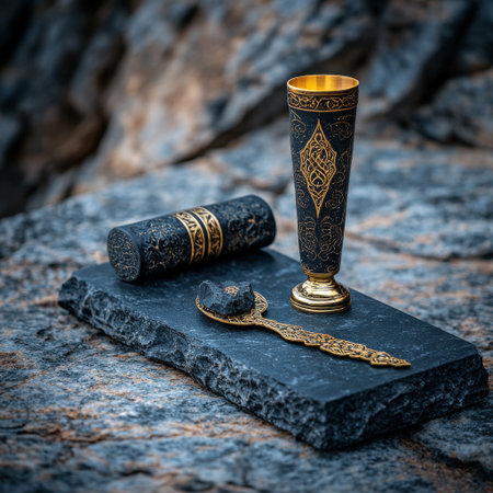 A black and gold vase with a gold spoon and a small container of something inside. The vase and spoon are placed on a stone surfaceの素材