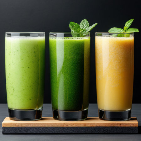 Three different colored drinks in glasses on a wooden tray. The drinks are green, yellow, and orangeの素材