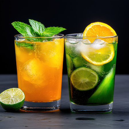 Two glasses of drinks with a lime wedge in each. One is orange and the other is greenの素材