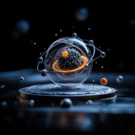A glass sphere with a black background and a bright orange ball in the center. The sphere is surrounded by many other small spheres, some of which are orange and some are black. Scene is one of chaosの素材