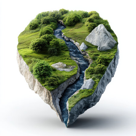 A small island with a river running through it. The island is surrounded by rocks and trees. Concept of tranquility and natural beautyの素材