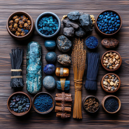 A collection of blue and black stones and other items are displayed on a wooden table. Scene is calm and serene, as the various items are arranged in a way that creates a sense of balance and harmonyの素材