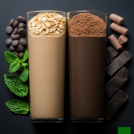 Two glasses of chocolate and oatmeal with chocolate chips and green mint leaves. Concept of indulgence and comfort, as the combination of chocolate and oatmeal is a popularの素材