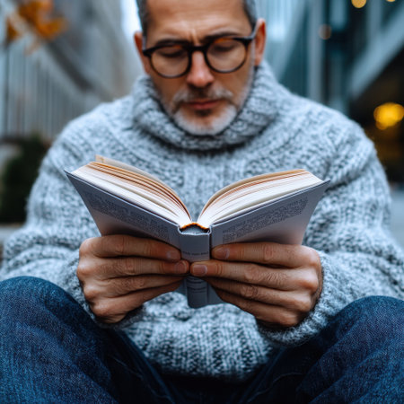 A man is reading a book while wearing a gray sweater. He is sitting on the ground and he is enjoying his bookの素材