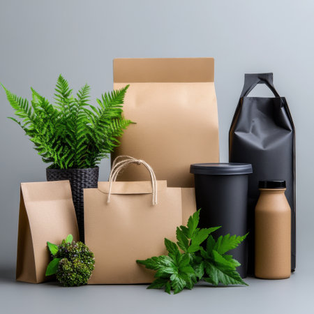 A collection of paper bags, a plant, and a bottle of milk. Concept of sustainability and eco-friendliness, as the paper bags are made from recycled materialsの素材