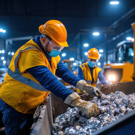 Two men wearing orange safety vests and masks are working in a factory. One of them is reaching into a pile of aluminum foilの素材