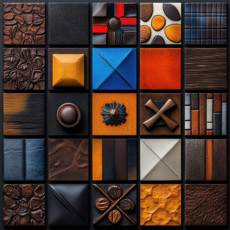 A collection of variously colored tiles, including brown, orange, and blue, arranged in a squareの素材