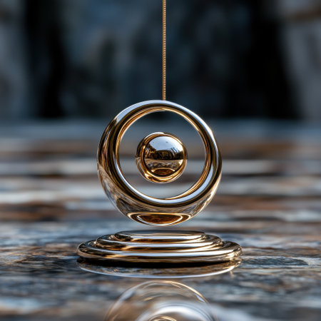 A gold ball is suspended in the air above a table. The ball is surrounded by a ring, and the ring is suspended above the ball. The scene is serene and peaceful, with the gold ballの素材