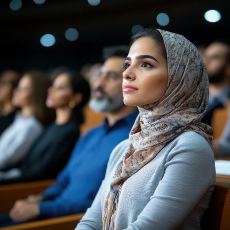A woman wearing a scarf sits in a theater with other people. She is the center of attention and she is looking at somethingの素材