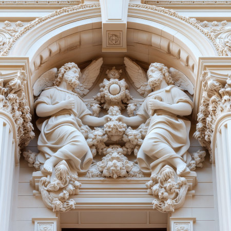 The two angels are holding a flower and a small object. The scene is very detailed and intricate, with a lot of work put into the designの素材