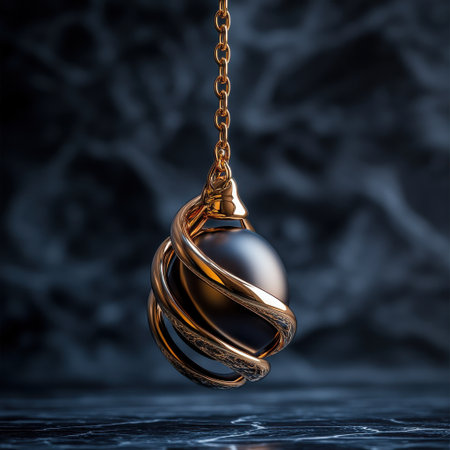 A gold chain with a black ball hanging from it. The chain is twisted and the ball is suspended in the airの素材
