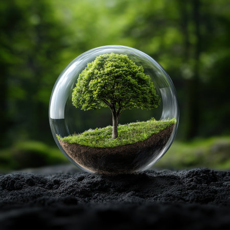 A tree is inside a glass sphere, surrounded by dirt and grass. Concept of nature and the importance of preserving itの素材