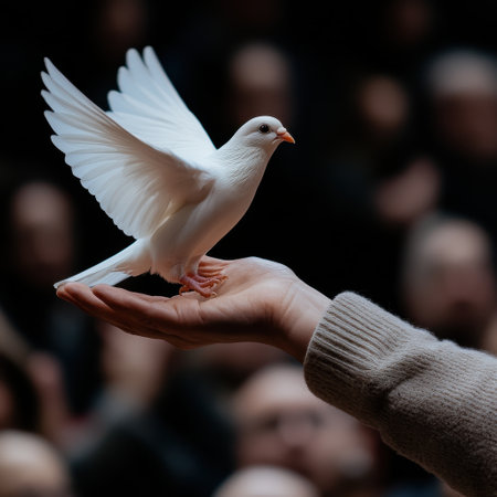A white dove is perched on a person's hand. Concept of peace and tranquility, as the dove is often associated with these qualities. The setting appears to be a public spaceの素材