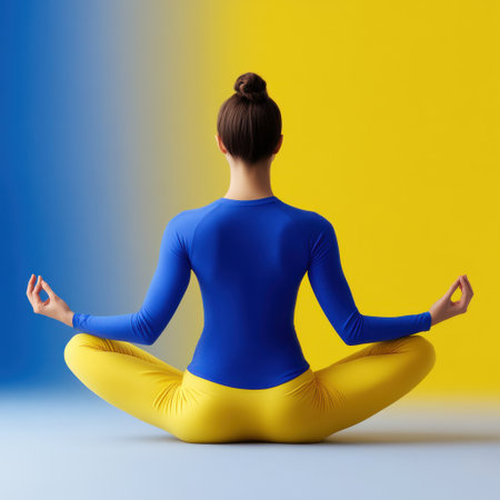 A woman is sitting cross legged in a yoga pose. She is wearing a blue shirt and yellow pantsの素材