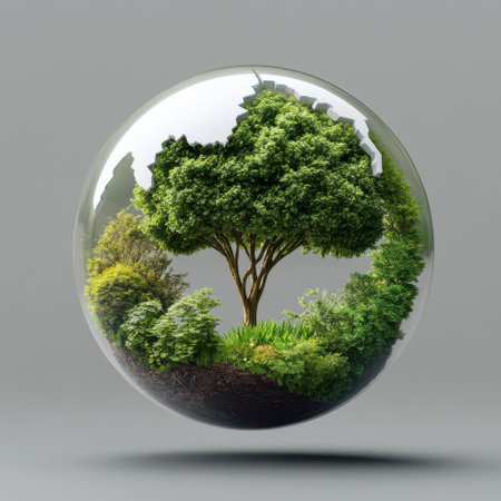 A tree is inside a glass sphere, surrounded by grass and other plants. Concept of harmony and balance between nature and the environmentの素材