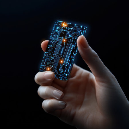 A hand holding a blue electronic device with a black background. The device is glowing and has a futuristic look to itの素材