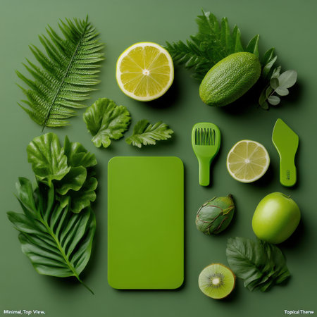 A green background with a green box and a bunch of fruits and vegetables. The fruits and vegetables include a lime, an apple, a kiwi, and a cucumberの素材