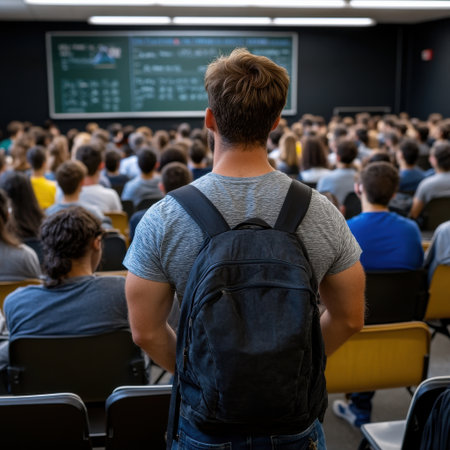 A man with a backpack stands in front of a large crowd of people in a classroom. The man is wearing a gray shirt and black backpackの素材