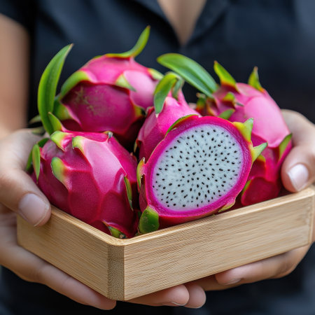 A woman is holding a basket of red dragon fruit. The fruit is cut in half, revealing its white interiorの素材