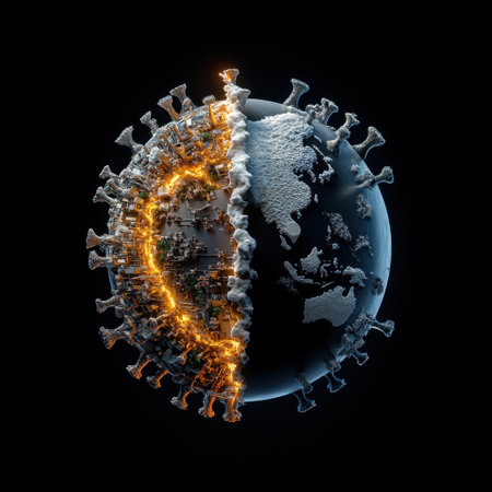 A globe with a virus on it, with the virus on the left side of the globe and the rest of the globe being blackの素材
