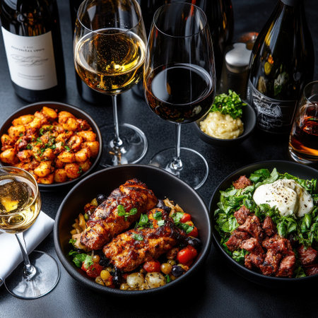 A table with a variety of food and drinks, including wine and beer. The table is set for a dinner party or gatheringの素材