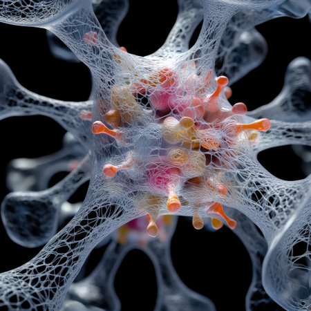 A close up of a cell with many small orange and pink protrusions. The cell is surrounded by a web of white materialの素材