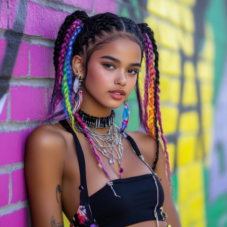 A woman with colorful hair and a necklace is posing for a photo. The photo is set against a colorful wall, which adds a vibrant and lively atmosphere to the scene. The woman's colorful hairの素材