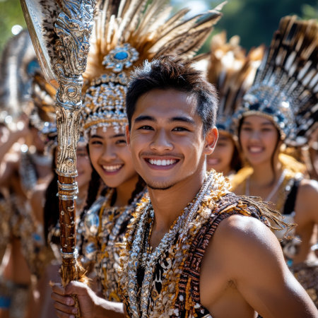 A man and a group of people are wearing costumes and smiling. The man is holding a stickの素材