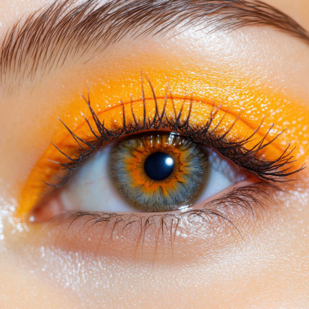 A woman's eye is painted with a bright orange color. The eye is surrounded by a yellowish-orange shadow, which gives the eye a bold and vibrant appearance. The eye is the main focus of the imageの素材
