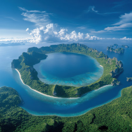 A large body of water surrounded by land and trees. The water is blue and the sky is clearの素材