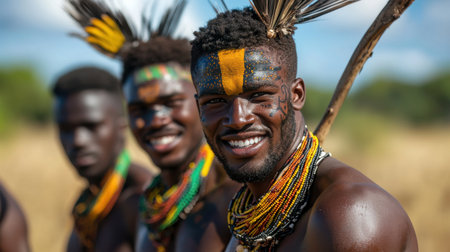 Three men wearing colorful clothing and beaded necklaces are smiling for the camera. Scene is joyful and celebratoryの素材