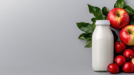 A glass bottle of milk sits on a table next to a bunch of apples. The apples are red and green, and the bottle is white. Concept of freshness and health, as the milkの素材