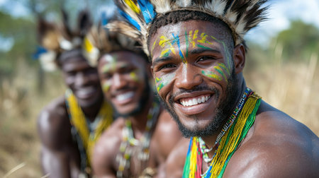 Three men wearing colorful clothing and beaded necklaces are smiling for the camera. Scene is happy and joyfulの素材