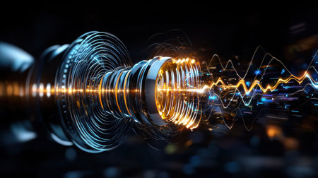 A glowing, abstract object with a metallic look. The object is surrounded by a dark background. Concept of mystery and wonder, as the viewer is left to imagine what the object could beの素材