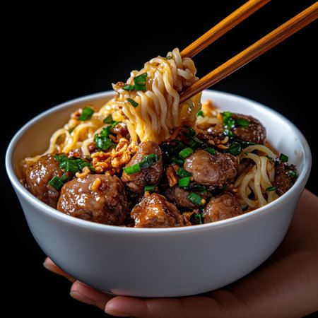 A person is holding a bowl of noodles with meat in it. The noodles are long and the meat is cut into small piecesの素材