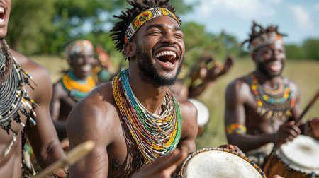 A group of men are playing drums and smiling. Scene is joyful and celebratoryの素材