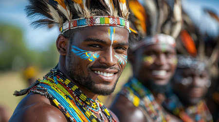A man with a colorful headdress and face paint is smiling for the camera. Concept of joy and celebration, as the man is part of a cultural event or festival. The vibrant colors of the headdressの素材