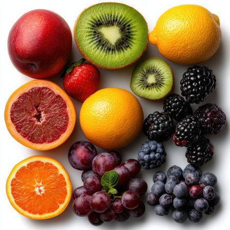 A colorful assortment of fruits including oranges, kiwis, strawberries, and blueberries. Concept of freshness and abundance, with the various fruits arranged in a visually appealing mannerの素材