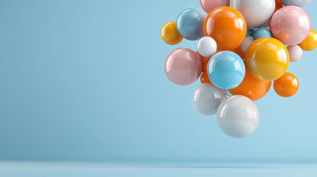 A bunch of colorful balloons floating in the air. The balloons are of different colors, including orange, pink, blue, and white. The scene is lively and cheerfulの素材