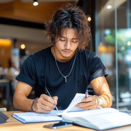 A man is sitting at a table with a pen and a piece of paper. He is writing something down and he is focused on his taskの素材