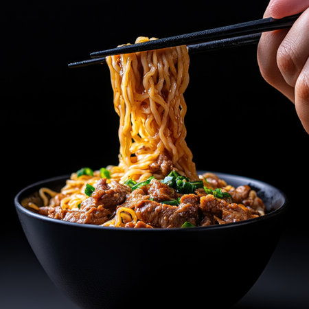 A person is eating noodles with chopsticks. The noodles are in a black bowl and are topped with meatの素材
