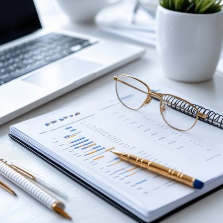A laptop, a pen, and a pair of glasses are on a table. The laptop is open to a document, and the pen is on the table next to itの素材