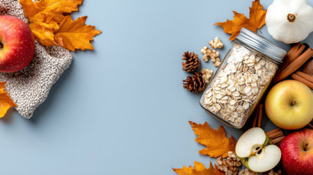 A jar of oatmeal is surrounded by apples and nuts. The jar is on a table with a blue backgroundの素材