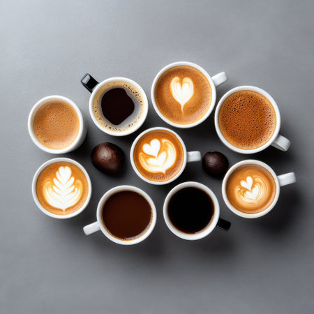 A row of coffee cups with different designs and colors, including a heart and a leaf. Concept of warmth and comfort, as well as a celebration of the diverse and creative nature of coffee cultureの素材
