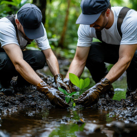 Two men are planting a tree in a muddy area. They are wearing gloves and hats. Scene is one of hard work and dedication to the environmentの素材