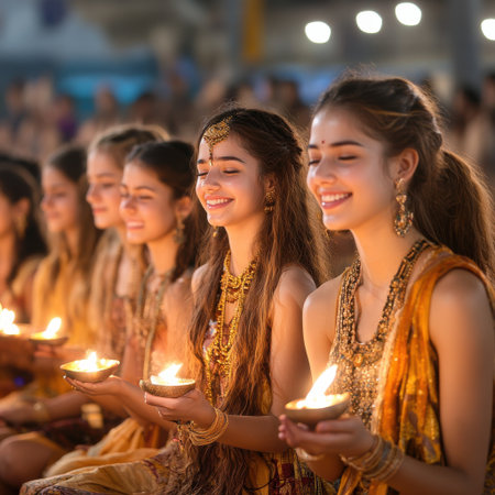 A group of women are sitting together and holding lit candles. They are smiling and seem to be enjoying the momentの素材