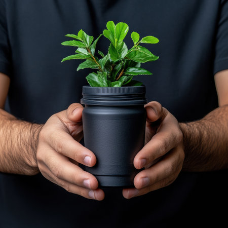 A man is holding a plant in a black jar. The plant is green and he is a small tree. The man is holding the plant with care, as if it is a precious itemの素材