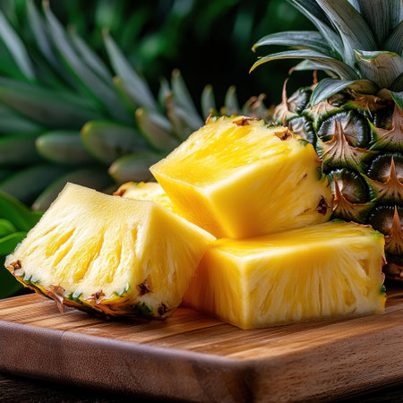 Three slices of pineapple on a wooden cutting board. The slices are cut in half and arranged on the boardの素材